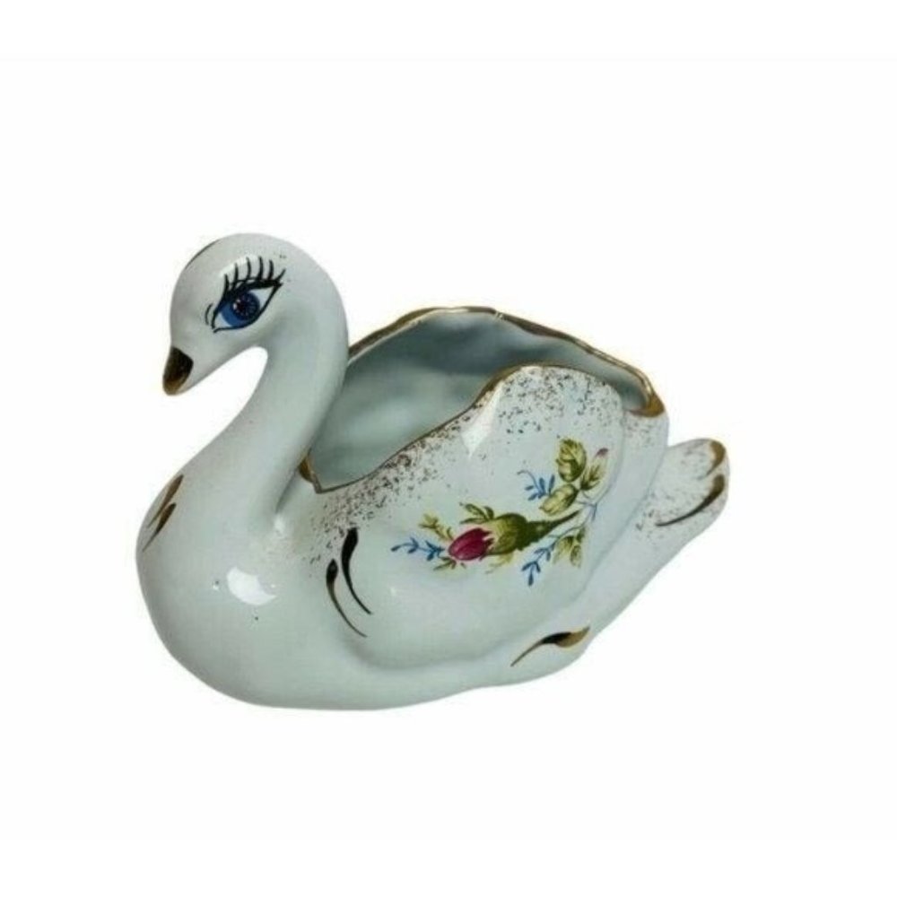 Vintage Chodziez Mid Century Swan Planter Made in Poland Iridescent Gold Floral